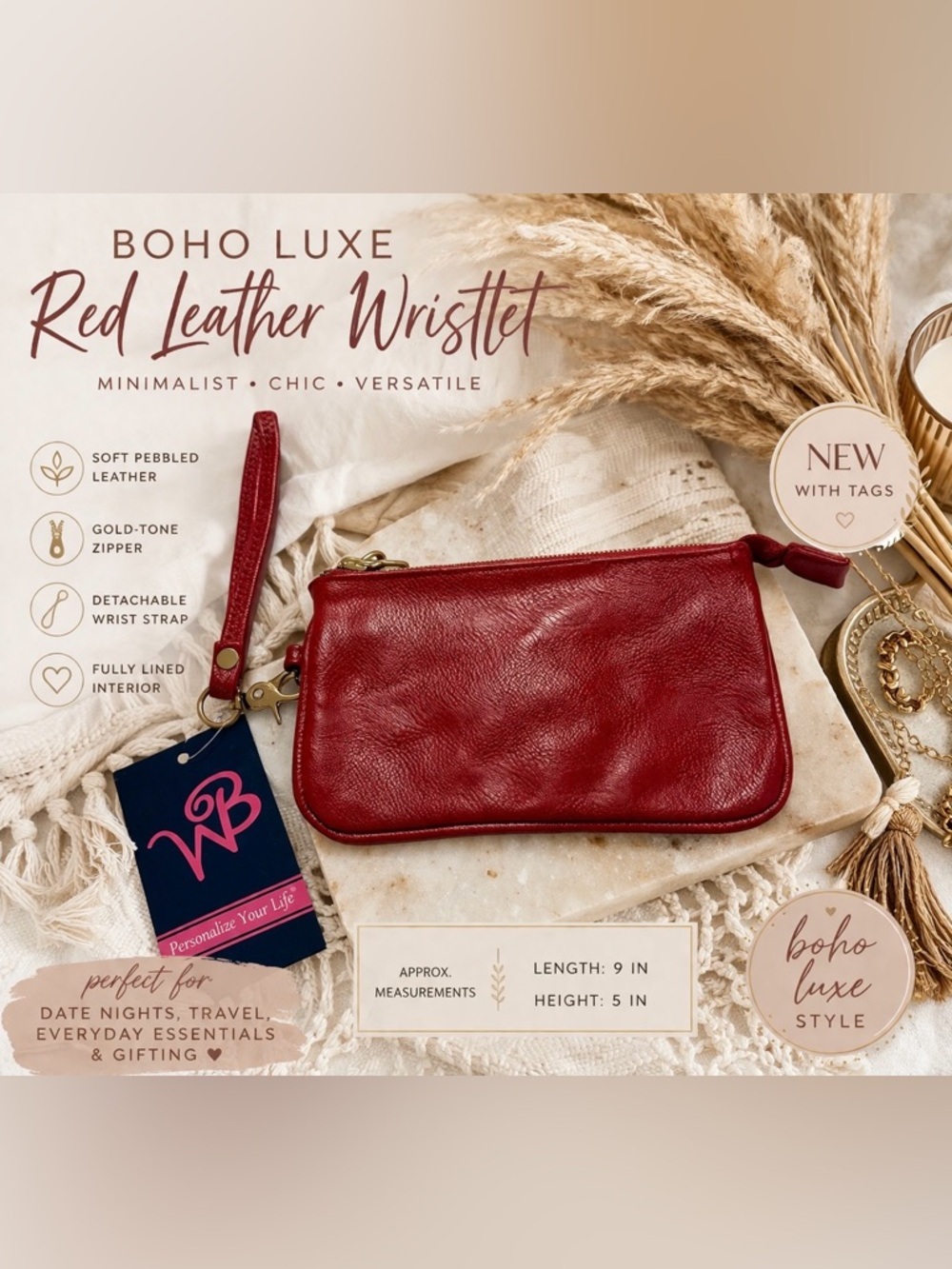 Boho Luxe Soft Red Pebbled Leather Wristlet Clutch NWT